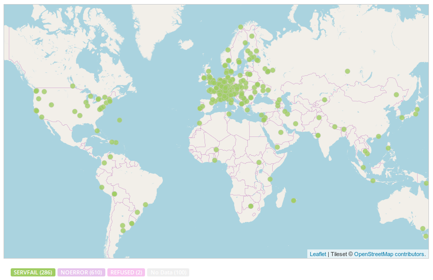 RIPE Atlas measurement showing worldwide failures